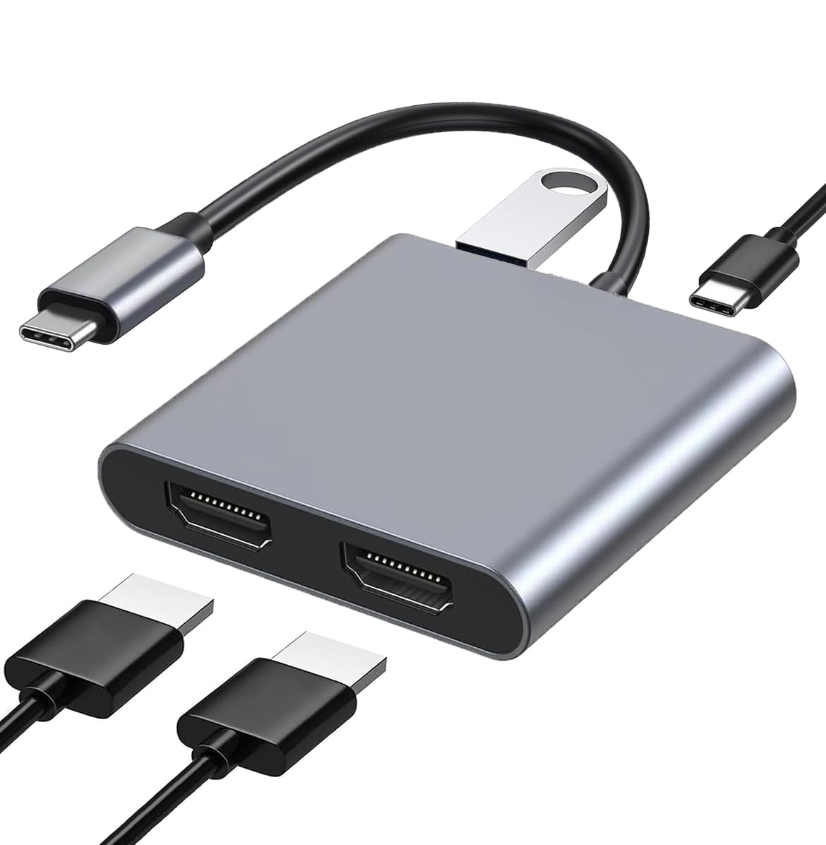 JUEJUEZI 4-in-1 USB C to Dual HDMI Adapter, USB C Multi Port Adapter with 2 HDMI 4K Ports, USB3.0, PD 100W, C-Type to 2 HD Splitter, Suitable