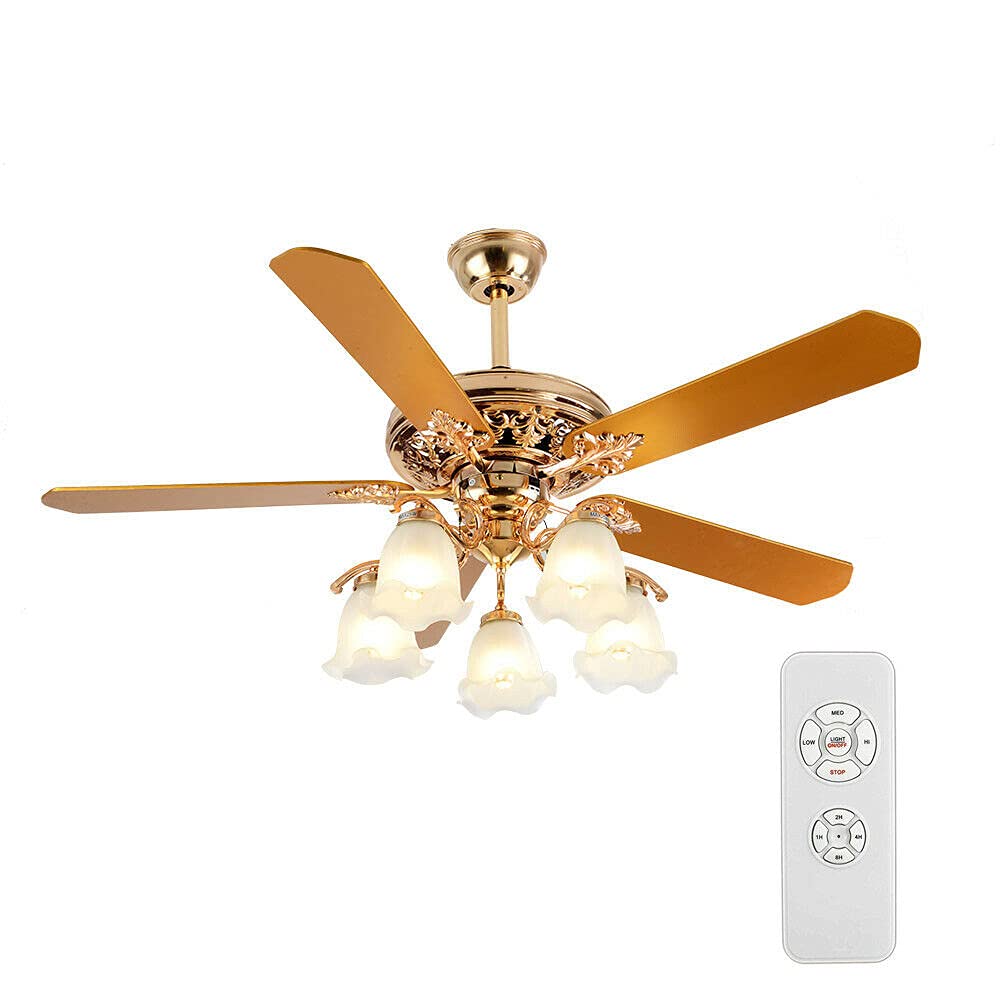 YIYIBYUS 52 Inch Tropical Ceiling Fan with Light Chandelier 5 Wooden Blades 5 Frosted Glass Lampshade, Innovative Indoor Bedroom Living Room Palm