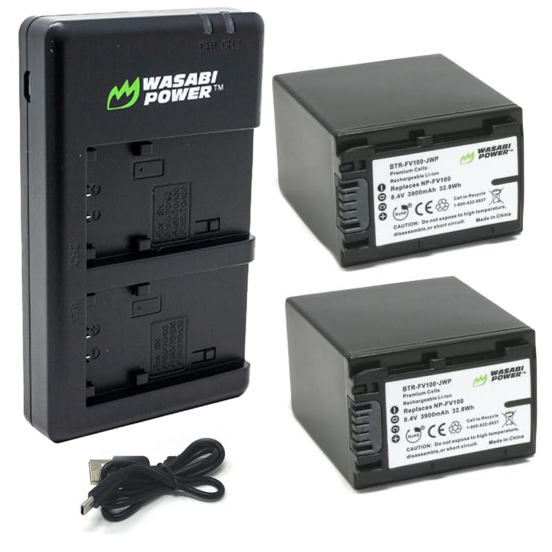Wasabi Power Battery (2-Pack) and USB Dual Charger Compatible with Sony NP-FV100 and DCR-SR15, DCR-SX45, FDR-AX100, HDR-CX105, HC9, PJ30V, TD20V