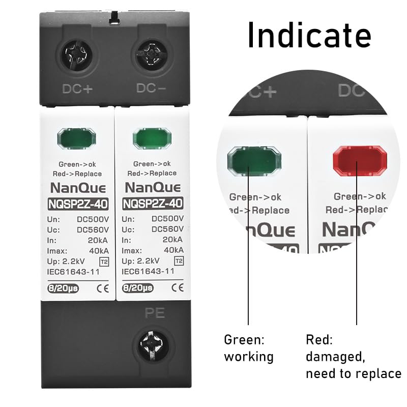 DC SPD Surge Protector for 100V-1000V PV Systems, 2-Pole 40kA T2 Level, Replaceable Module, Solar Panel Lightning Protection, Overvoltage Protection