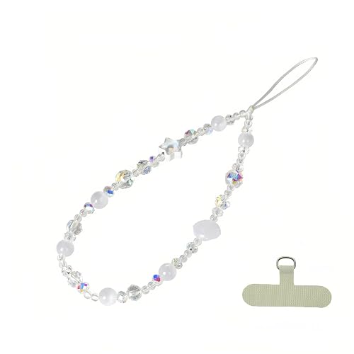 NUANJUYU Cute Sparkling Star & Cat's Eye Phone Lanyard, Beaded Crystal Charm Strap for Phone Keys Purse - Gift for Women Girls?White ?