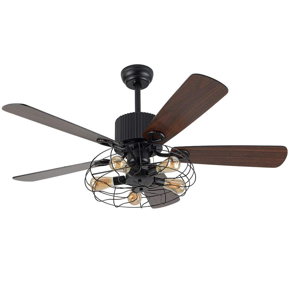 WUPYI 52 Inch Black Ceiling Fan with LED Light and Remote Control,Creative Design Chandelier Fan Light with 5 Wood Reversible Blades Black Metal