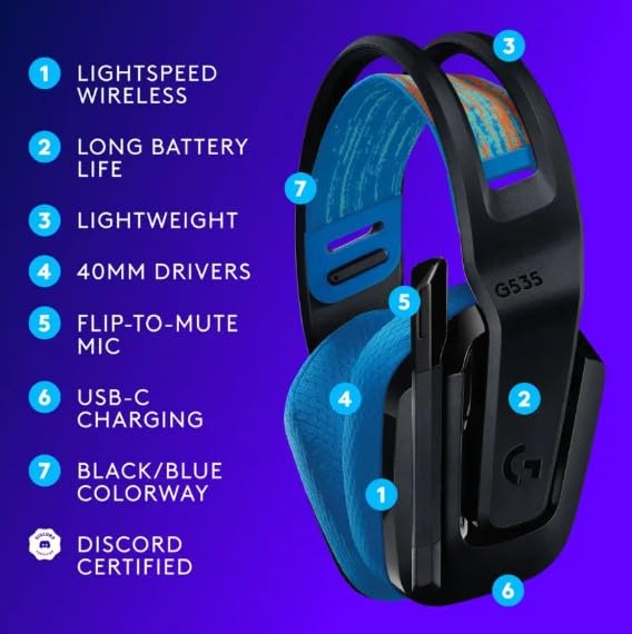 Logitech G G535 Lightspeed Wireless Gaming Headset - Lightweight Over-Ear Headphones, Silent Rotatable Microphone, 33 Hours Battery Life, PC, PS5