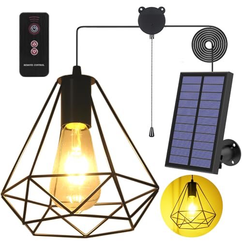 YUMAMEI Solar Pendant Lights, Solar Powered Shed Light with Pull Cord and Remote for Outdoor Indoor, Solar Chandelier, Gazebo Lights with Adjustable