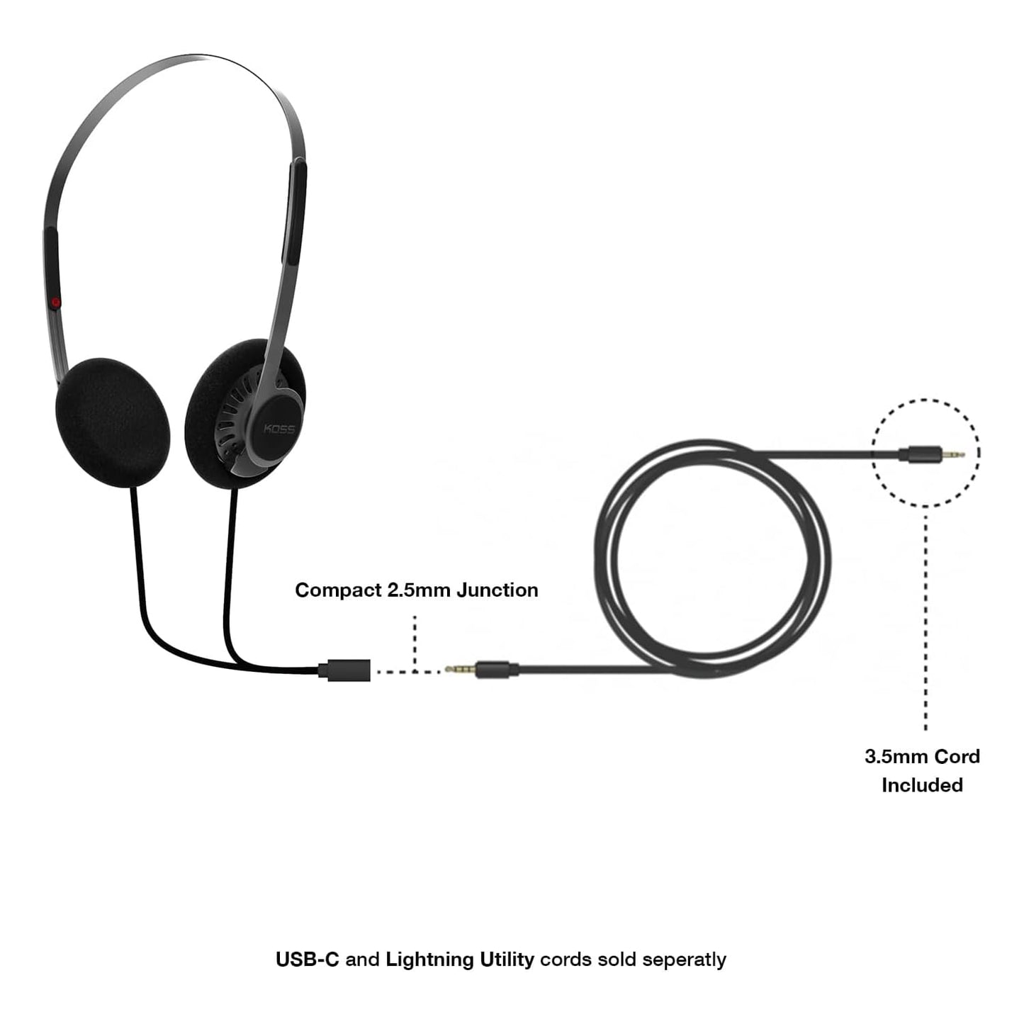 Koss KPH40 Utility On-Ear Headphones, Detachable Interchangeable Cord System, Retro Style, Ultra Lightweight Design (Stealth Black)