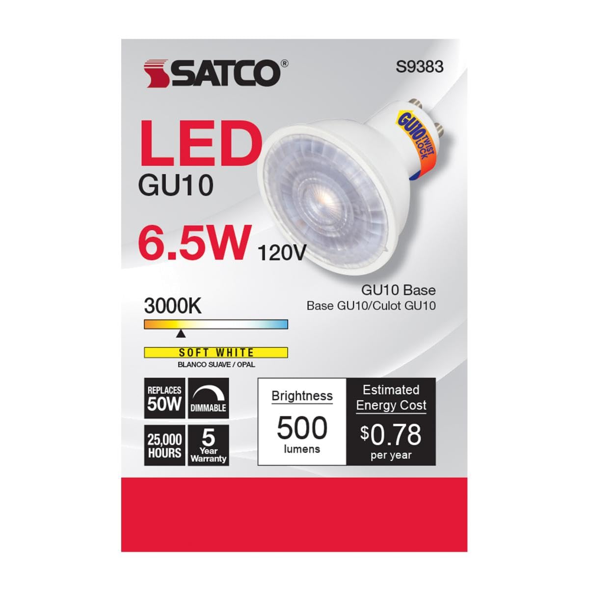 Satco Lighting 6.5 Watt LED MR16 Dimmable Light Bulb - 3000K Soft White - GU10 Bi Pin Base - 120 Volt - 40 Degree Beam Angle - Energy Star Certified