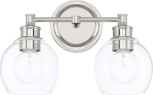 Capital Lighting 121121PN-426 Mid-Century Clear Glass Bath Vanity Wall Mount, 2-Light 200 Total Watts, 10" H x 15" W, Polished Nickel