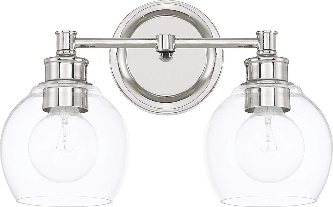 Capital Lighting 121121PN-426 Mid-Century Clear Glass Bath Vanity Wall Mount, 2-Light 200 Total Watts, 10" H x 15" W, Polished Nickel