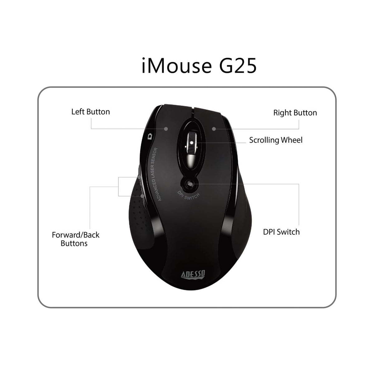 Adesso iMouse G25 Wireless Ergonomic Mouse, Black, 3 Levels Adjustable DPI
