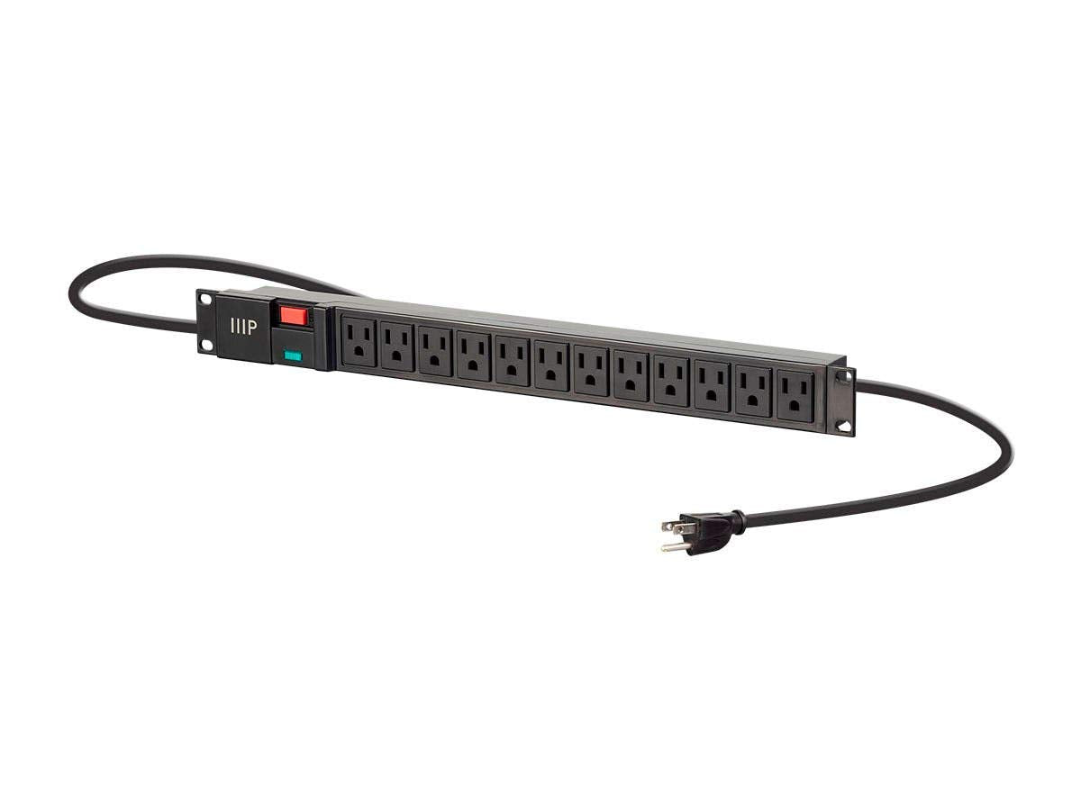 Monoprice 12 Outlet 1U Rackmount Power Distribution Unit - NEMA 5-15R, Surge-Protected Sockets, 1050 Joules, 6 Feet Cord
