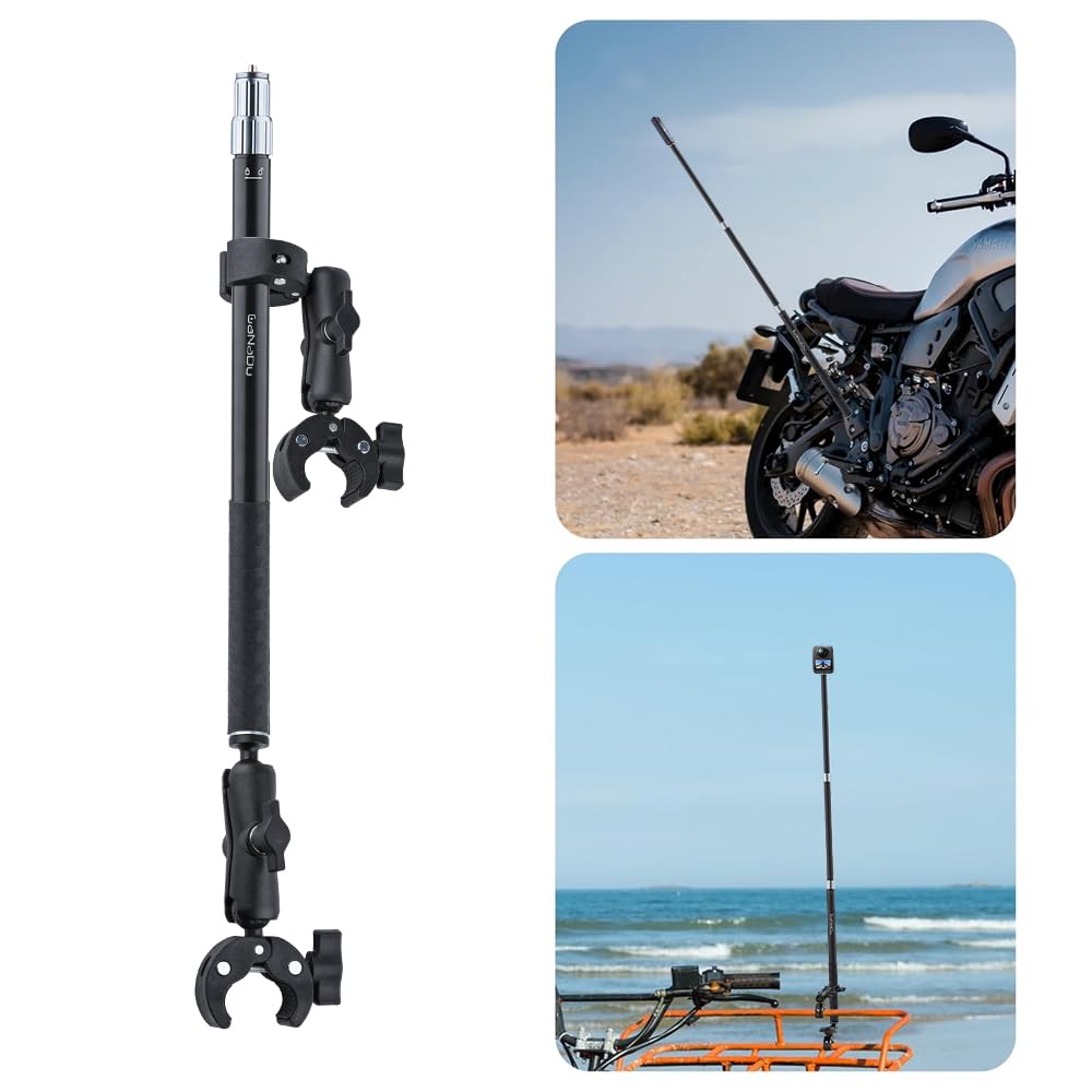 360 Camera Motorcycle Mount Kit - Telescopic Selfie Stick 17-43" with 360° Handlebar Clamp - Compatible with GoPro Insta360 Action Cameras - Aluminum