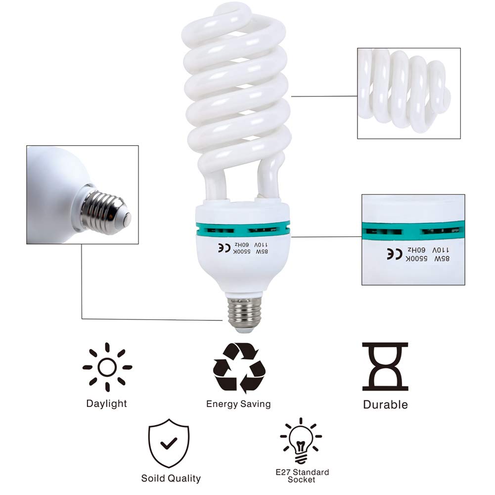 AQIRUI 2 x 85W Light Bulb 5500K CFL Daylight Spiral Softbox Bulb in E27 Socket for Photography Photo Video Studio Lighting