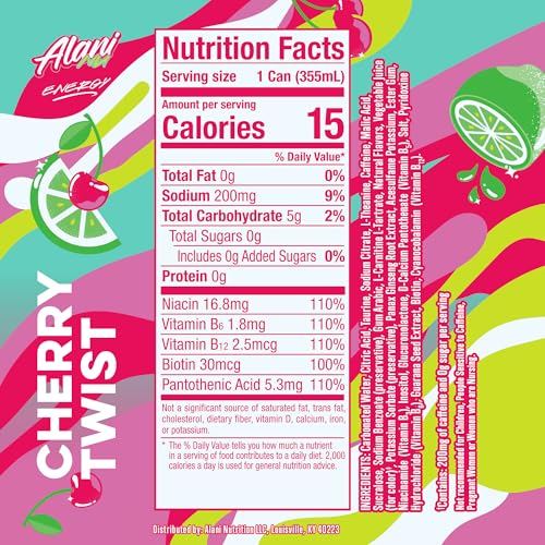 Alani Nu CHERRY TWIST Sugar Free, Low Calorie Energy Drinks, 200mg Caffeine, Biotin B Vitamins, Zero Sugar, 15 Calories, 12 Fl Oz Cans, 12 Pack