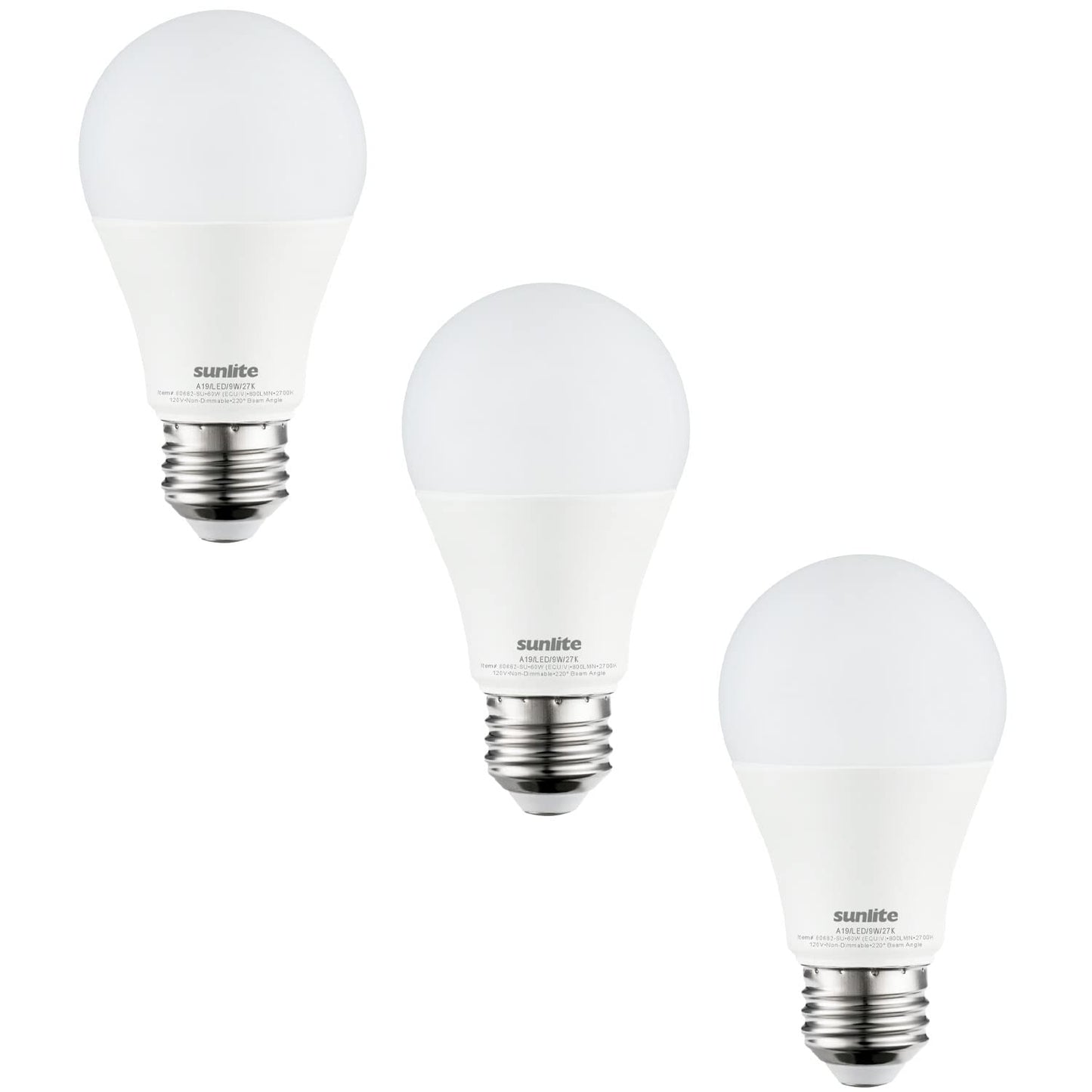 Sunlite 80682 LED A19 Household Light Bulbs, 9 Watts (60W Equivalent), 800 Lumens, Medium Base (E26), Non-Dimmable, 200 Degree Beam Angle, ETL Listed