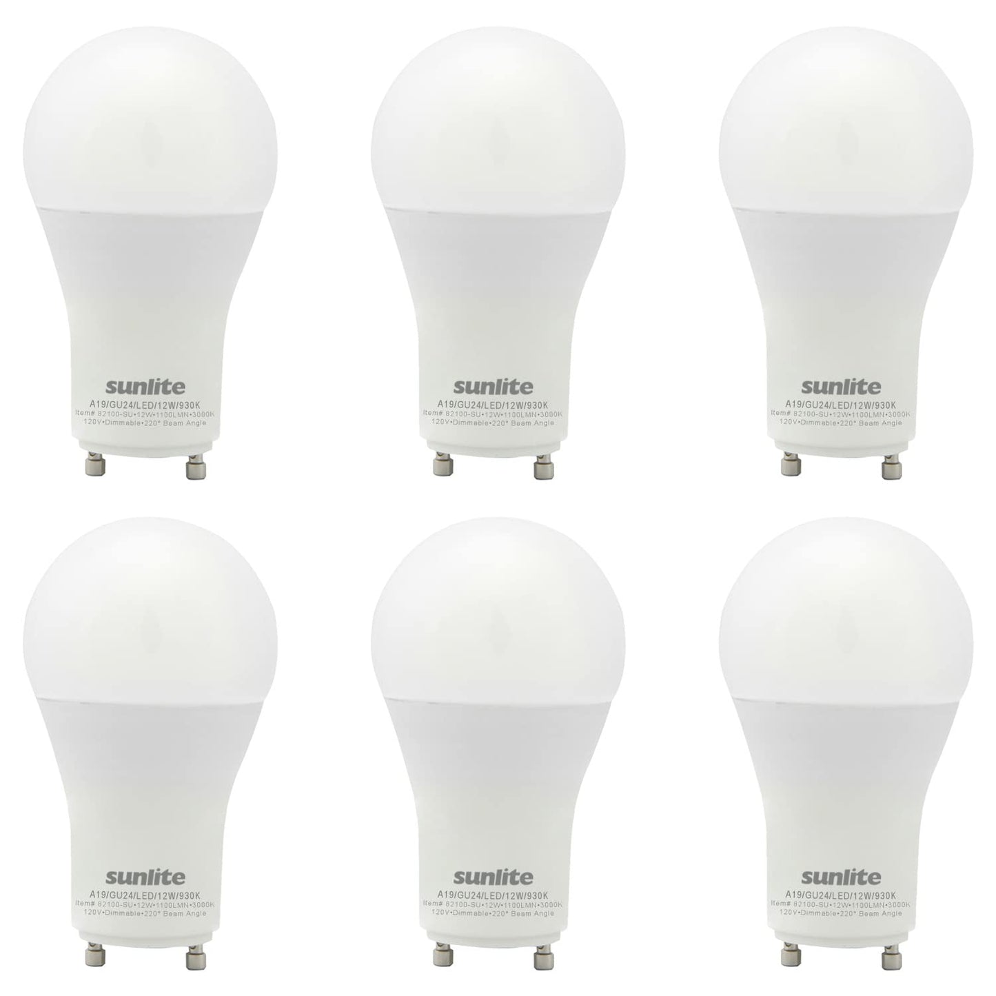 Sunlite 82100 LED A19 Light Bulb, 12 Watts (75 Watts Equivalent), 1100 Lumens, 120 Volts, Dimmable, GU24 Base, 90 CRI, Title-24 Compliant, UL Listed