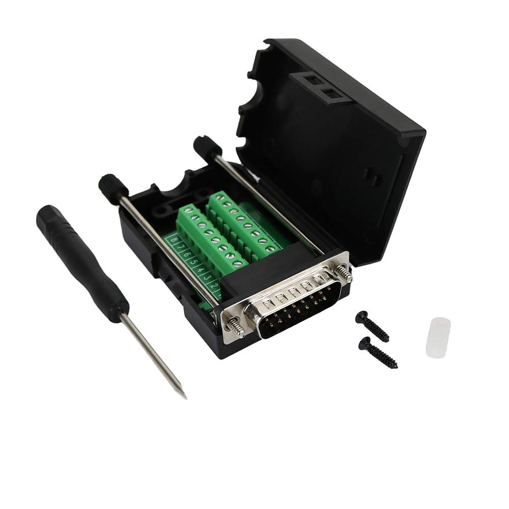 Avanexpress DB15 Male D-SUB 15 Pin Jack Port to Terminal Breakout Board Connector, 2 Row Plug with Case