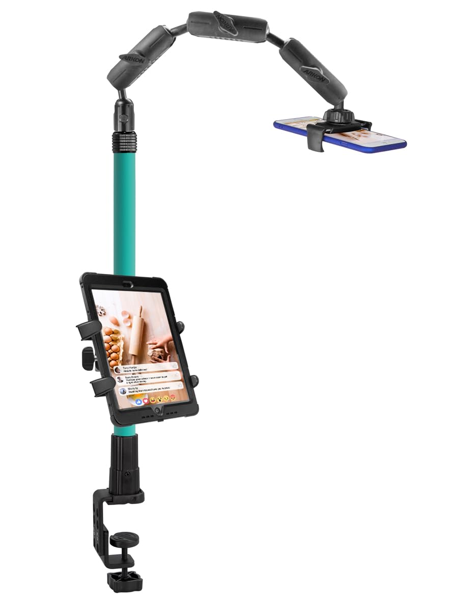 ARKON Mounts Remarkable Creator Pro+Plus Clamp Mount with Teal Extension Pole | Content Creators & Hobbyists | LED Light | Solid Clamp | Fits iPad