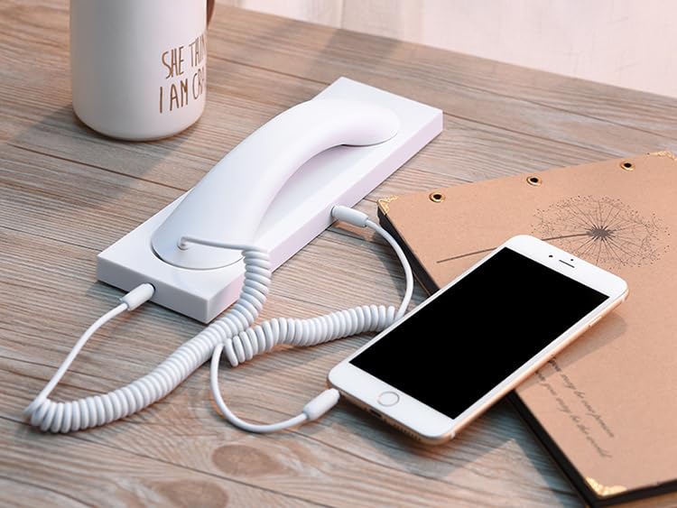 Fumei 3.5mm Retro Telephone Handset Reduce Cell Phone Radiation Mic Speaker Handheld Receiver for Andriod Phone iPhone/iPad (White&Base)