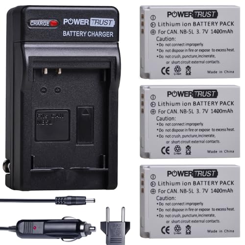 PowerTrust NB-5L Battery (3-Pack) and Fast Charger for Canon PowerShot S100 S110 SD700 is SD790 is SD800 is SD850 is SD870 is SD880 is SD890 is SD900