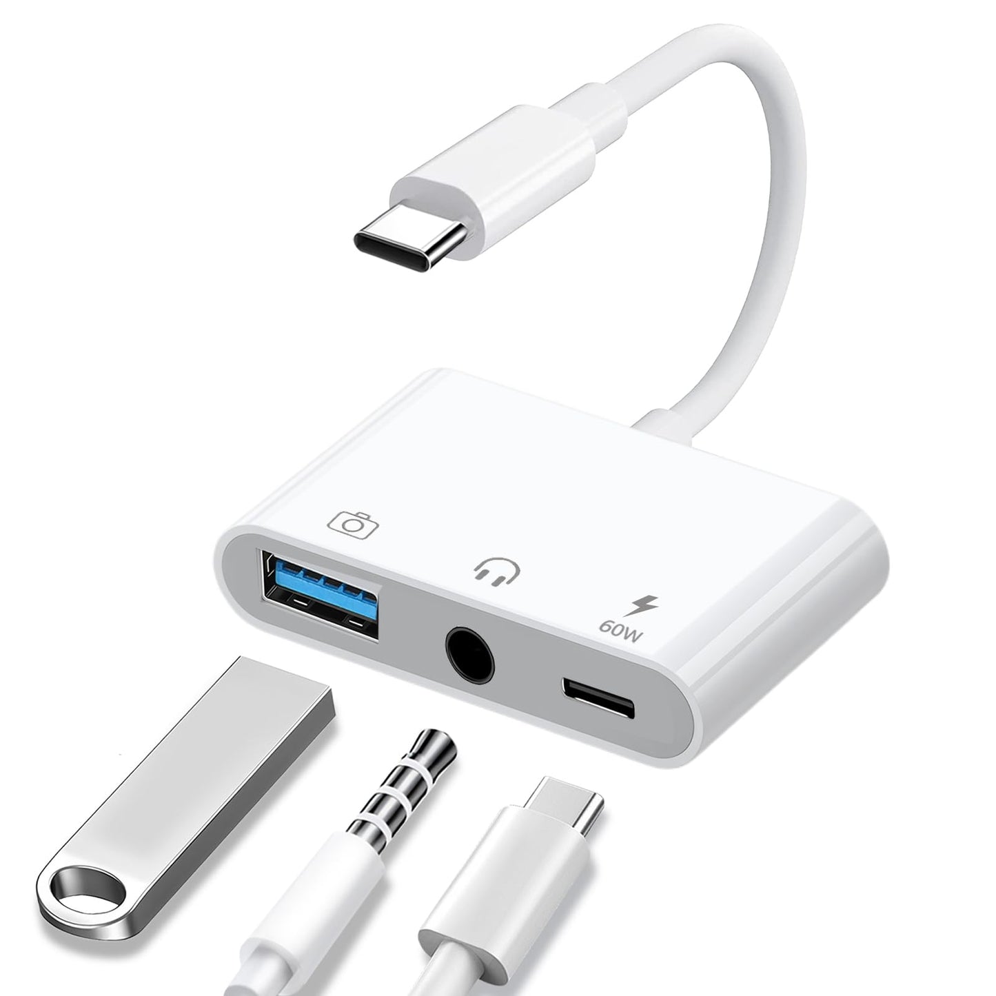 MTIQHS Aux to USB C to USB Adapter, 3-in-1 USB OTG Adapter with USB C to 3.5mm Audio Adapter and 60W PD Fast Charging Port, Compatible