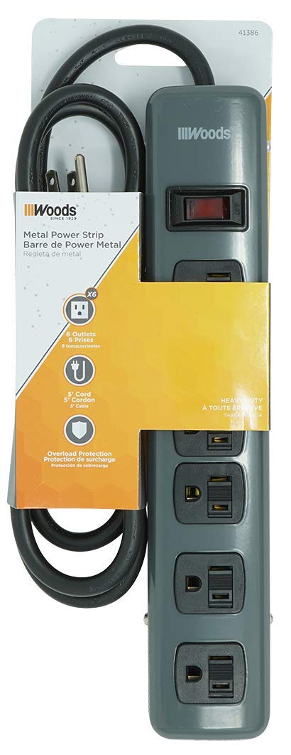 Southwire Woods Metal Power Strip - 6-Grounded Outlets - Resettable Safety Circuit Breaker Switch - 5-Foot Cord - Heavy Duty Outlet Extender