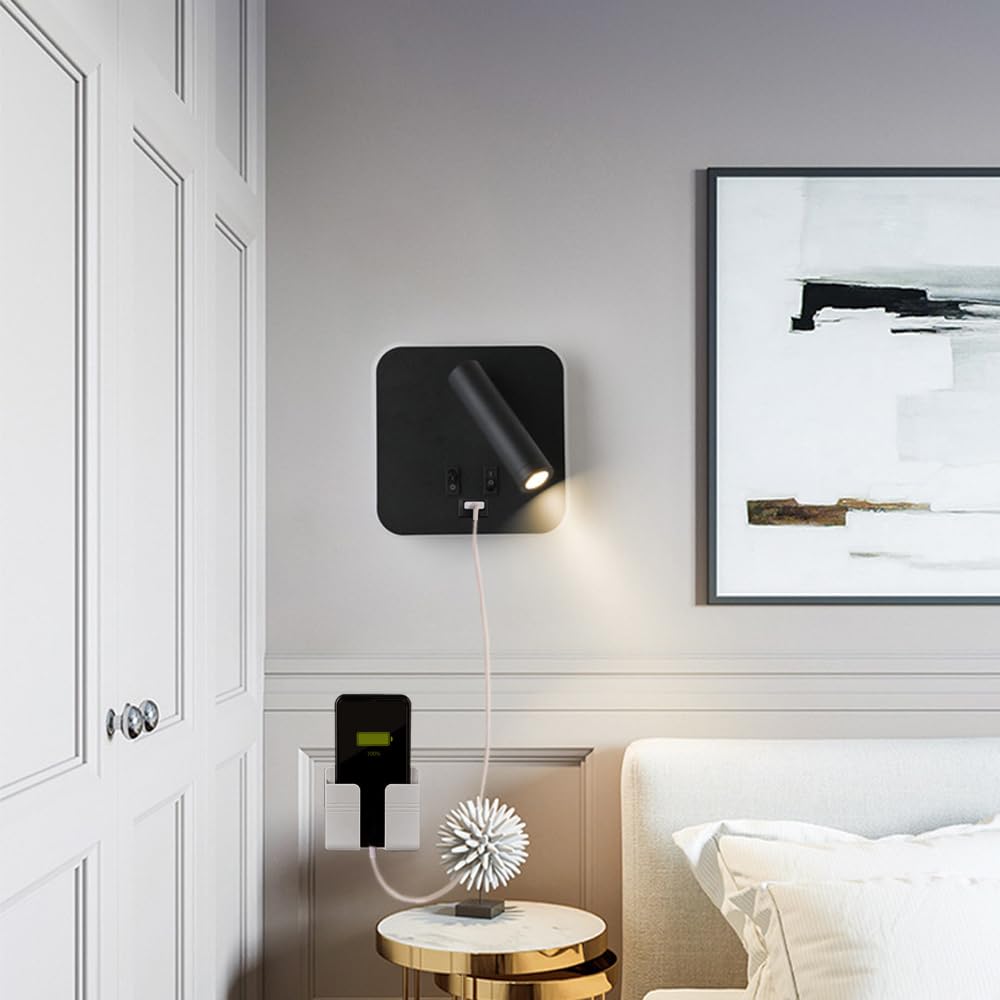 AIRTWESD USB Charging Port Wall Wash Light Black Bed LED with Interior Wall Adjustable Spotlight Reading lamp Wall lamp Bedroom Indoor Bedside Lamp