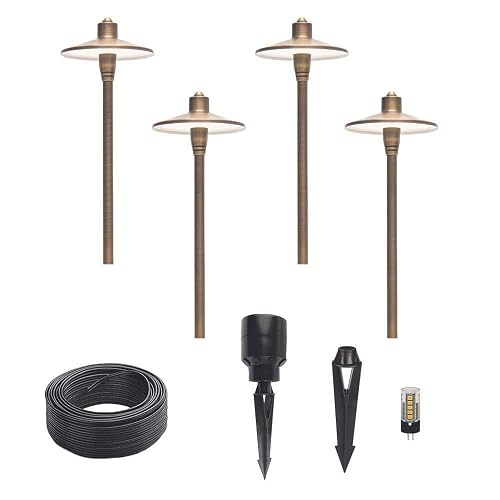 Lumen Logic G2 12V Brass Mini Path Light (15" Tall) with 3W 2700K Warm White G4 LED Bulb for Low Voltage Landscape Lighting on Outdoor Pathway