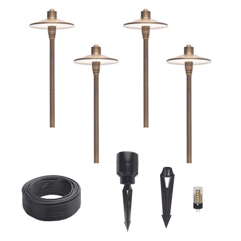 Lumen Logic G2 12V Brass Mini Path Light (15" Tall) with 3W 2700K Warm White G4 LED Bulb for Low Voltage Landscape Lighting on Outdoor Pathway