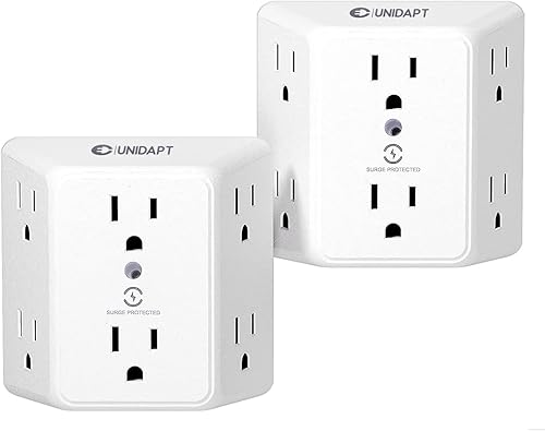 Unidapt Multi Plug 6 Outlet Extender, 2 Pack Surge Protector Wall Splitter, 900J Power Strip 3 Side Wide Spaced Adapter Multiple Charger Expander