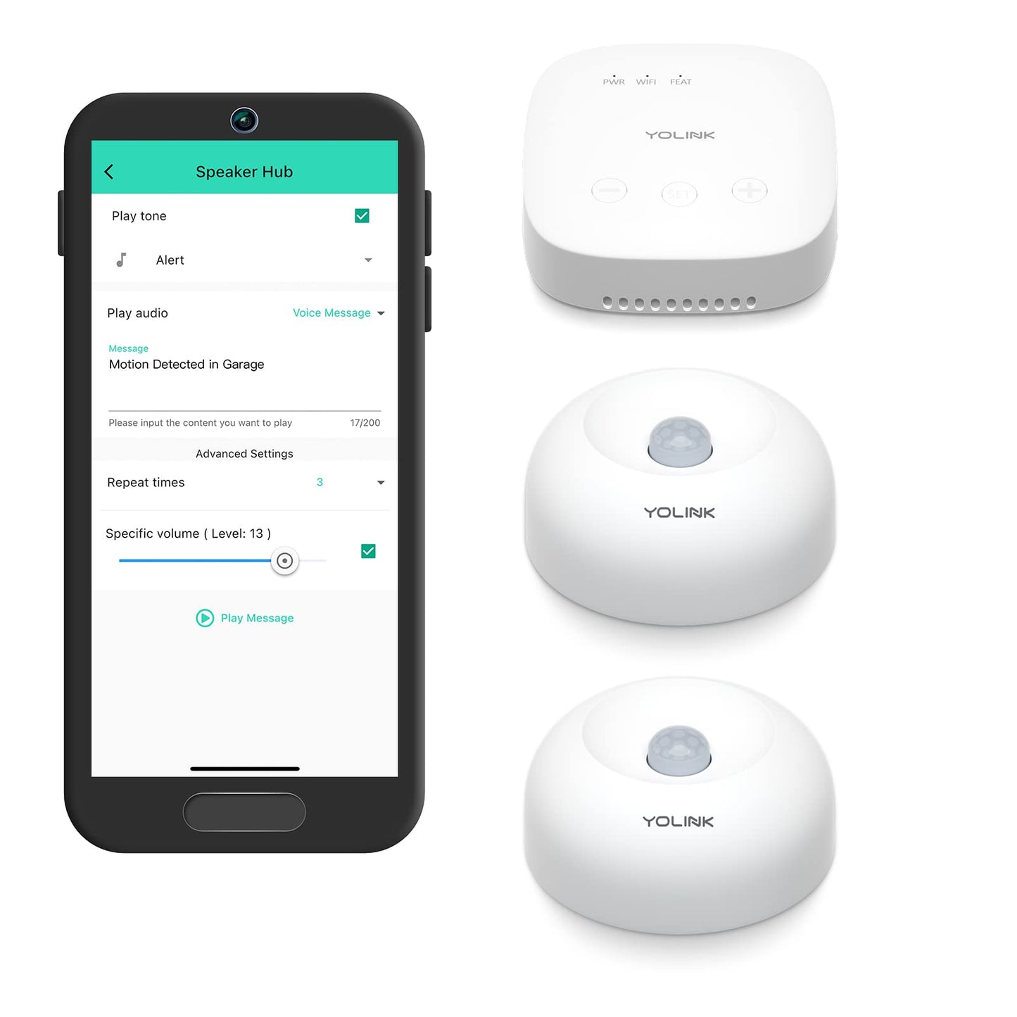 YoLink SpeakerHub & Two Motion Sensor Smart Home and Security Kit - Audio Hub Plays Tones/Sounds, Spoken Messages, LoRa-Powered ¼ Mile Range, WiFi