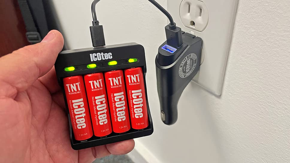 ICOtec TNT Rechargeable AA Battery Kit - 2700mAh - Long Life - High Capacity - 1,200 Charge Cycle Life, Includes: AC/DC Power Inverter, Charger…