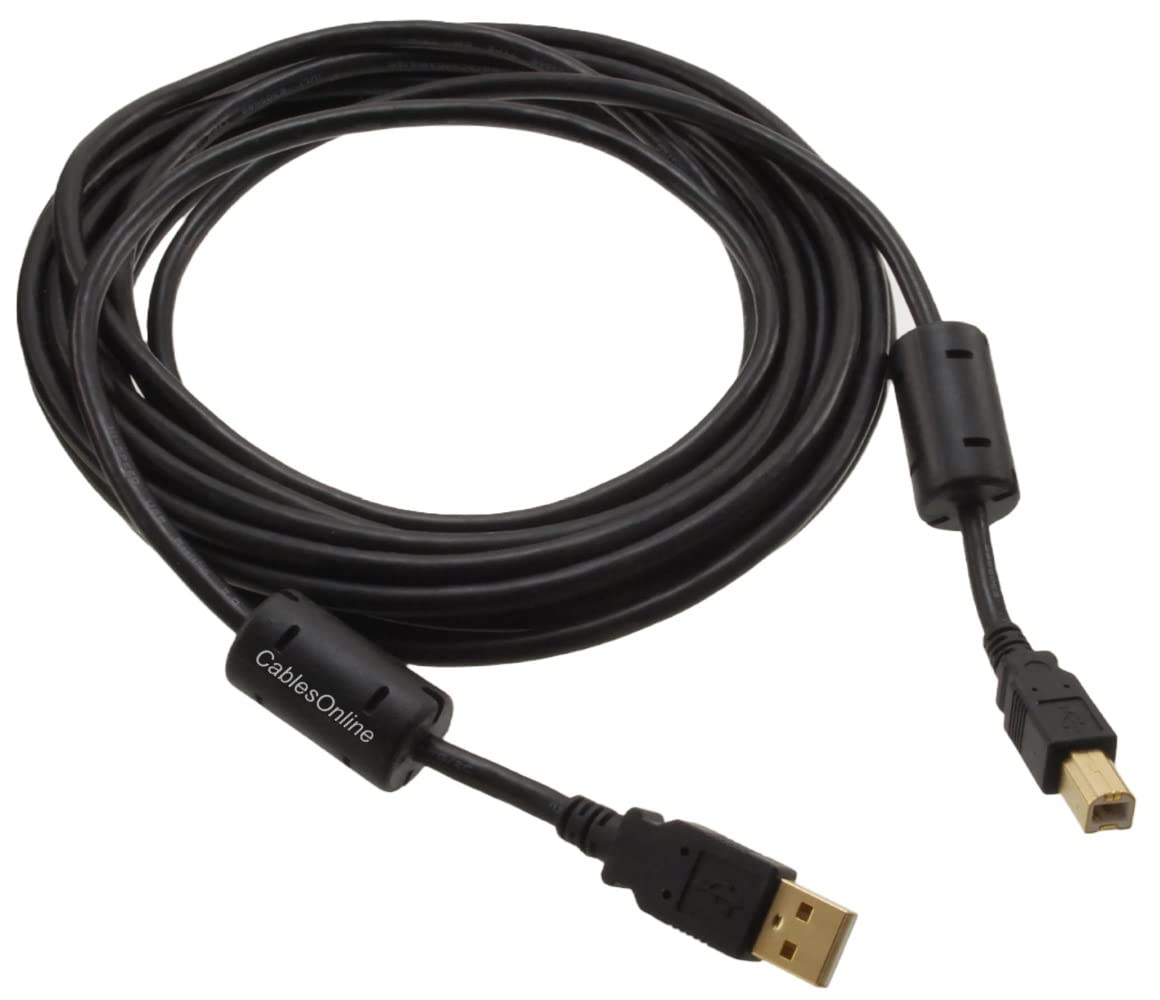 Cablesonline, 20 Feet Hi-Speed USB 2.0 A-Male to B-Male Cable with Two Ferrite Cores, 20-awg, Gold Plated, Black, (Usb2-ab20k)