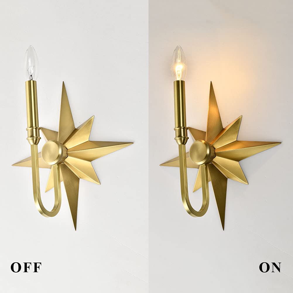 JC H&L Vintage Sconce Lighting Fixture, Flush Mount Wall Lamp, Brass Star Candle Light for Wall, Bedside, Vanity, (Antique Brass, 1-Light)