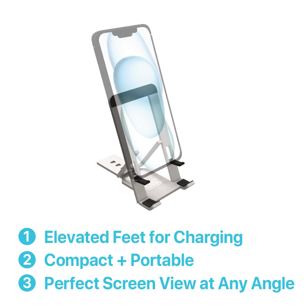 BLACK+DECKER Phone Stand for Desk - Folding Cell Phone Stand Holder - Adjustable and Portable, Folds Down Flat - for Office, Gaming, Bed, Travel