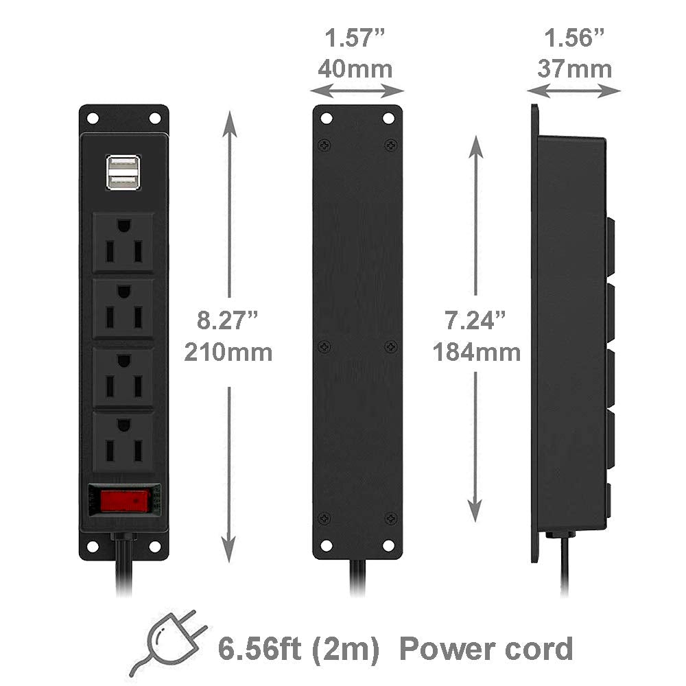 Mountable Power Strip with USB Ports,Wall Mount Power Outlets Screw Down Power Socket in Desk Under Cabinet Power Station 4AC Outlet 2 USB 6.56 Feet