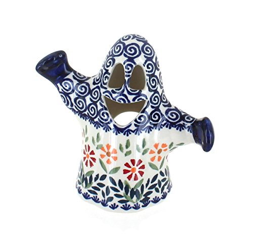 Blue Rose Polish Pottery - Orange Garden Bouquet Ghost Luminary - 5" Tall - Ceramic Candle Holder, Ghost Design Makes Spooky Décor
