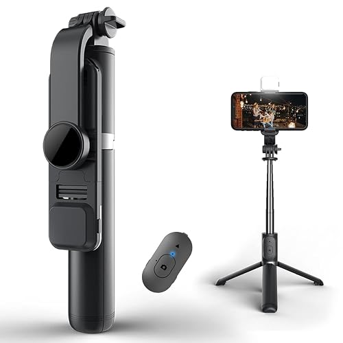 Enkarl Selfie Stick Tripod with Light, All in One Cell Phone Tripod, Cellphone Tripod with Wireless Remote and Phone Holder, Portable