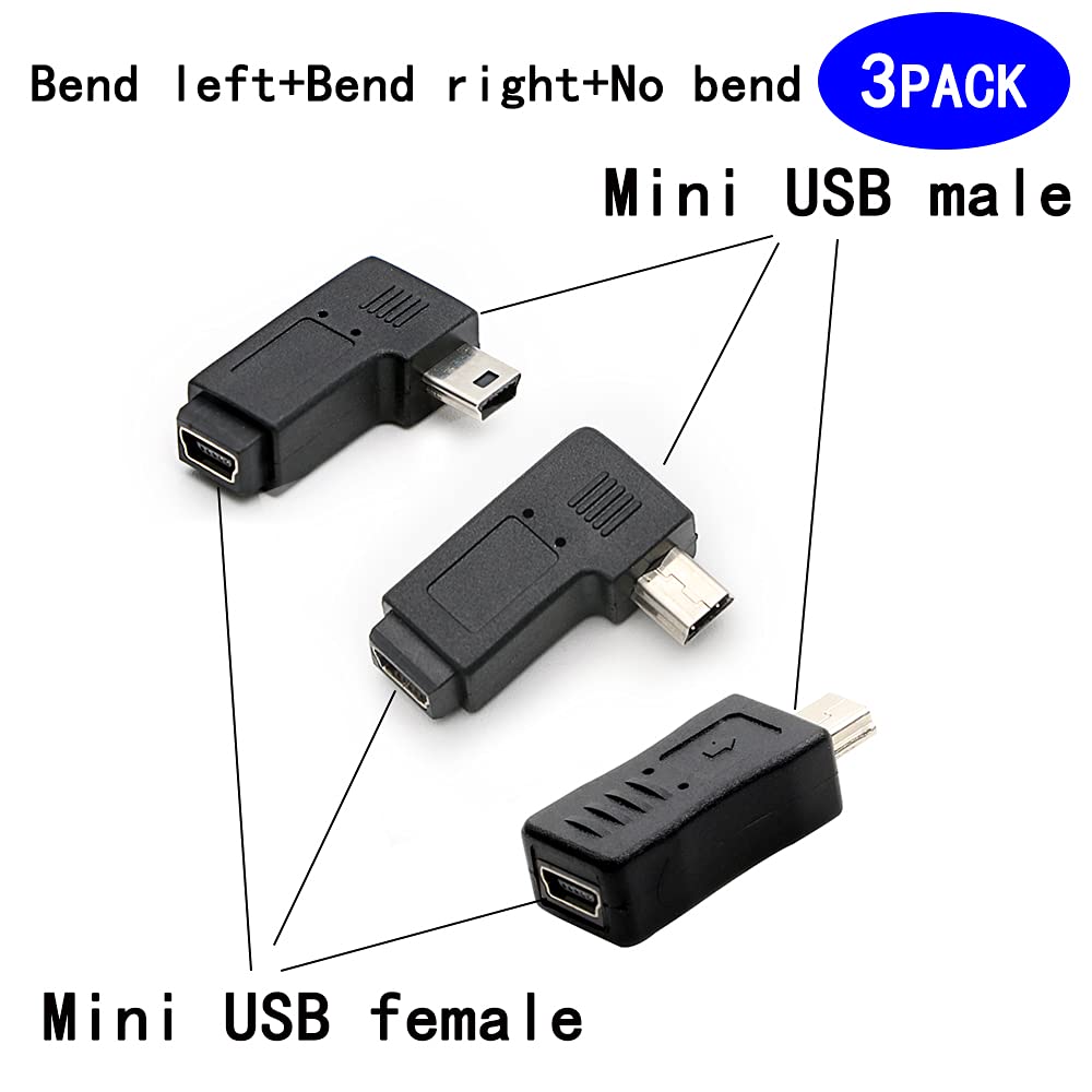 rgzhihuifz 3 Pack 90 Degree Left & Right Angled Mini USB 5 Pin Male-Female Adapter