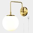 DAYCENT Gold Plug in Wall Sconce with Milk Glass Shade Globe Sconces Wall Lighting Modern 1-Light Brass Swing Arm Wall Light Fixture for Hallway