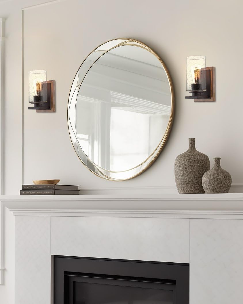 Kira Home Sedona 9" Rustic Farmhouse Wall Sconce with Clear Seeded Glass Shade, Hand-Painted Wood Grain Metal, Walnut Wood and Oil Rubbed Bronze