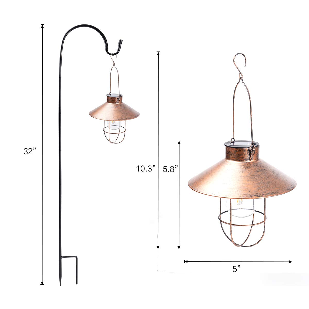 HUYIENO 2Pack Solar Metal Hanging Lantern with Shepherd Hook Outdoor Led Garden Lights Brushed Copper