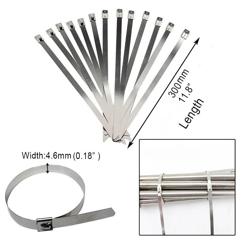 100pcs 11.8"x0.18"x0.01"/(L*W*T) Multi-Purpose Stainless Steel Black Silver Cable Ties Metal Coated Self-Locking Cables Tie Heavy Duty Fastener