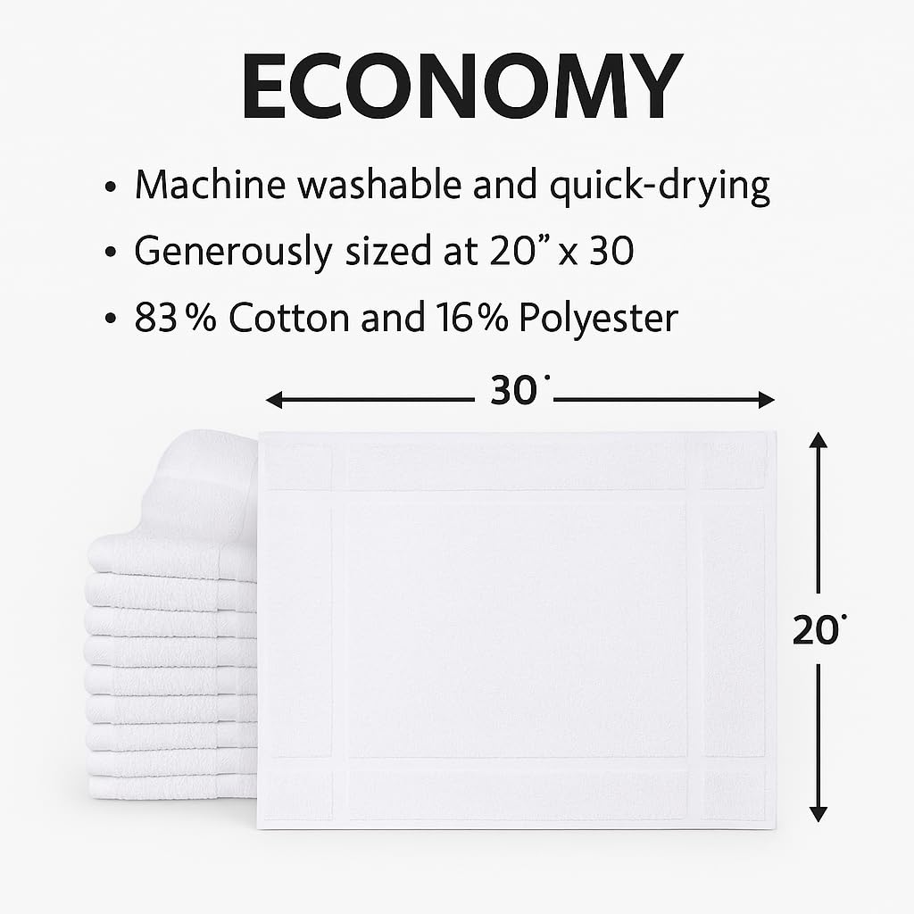 GOLD TEXTILES 12 Pack White Bath Mat Towels 20x30 Inches (Not a Bathroom Rug)- Cotton Blend Washable Economy Hotel Bath Mats