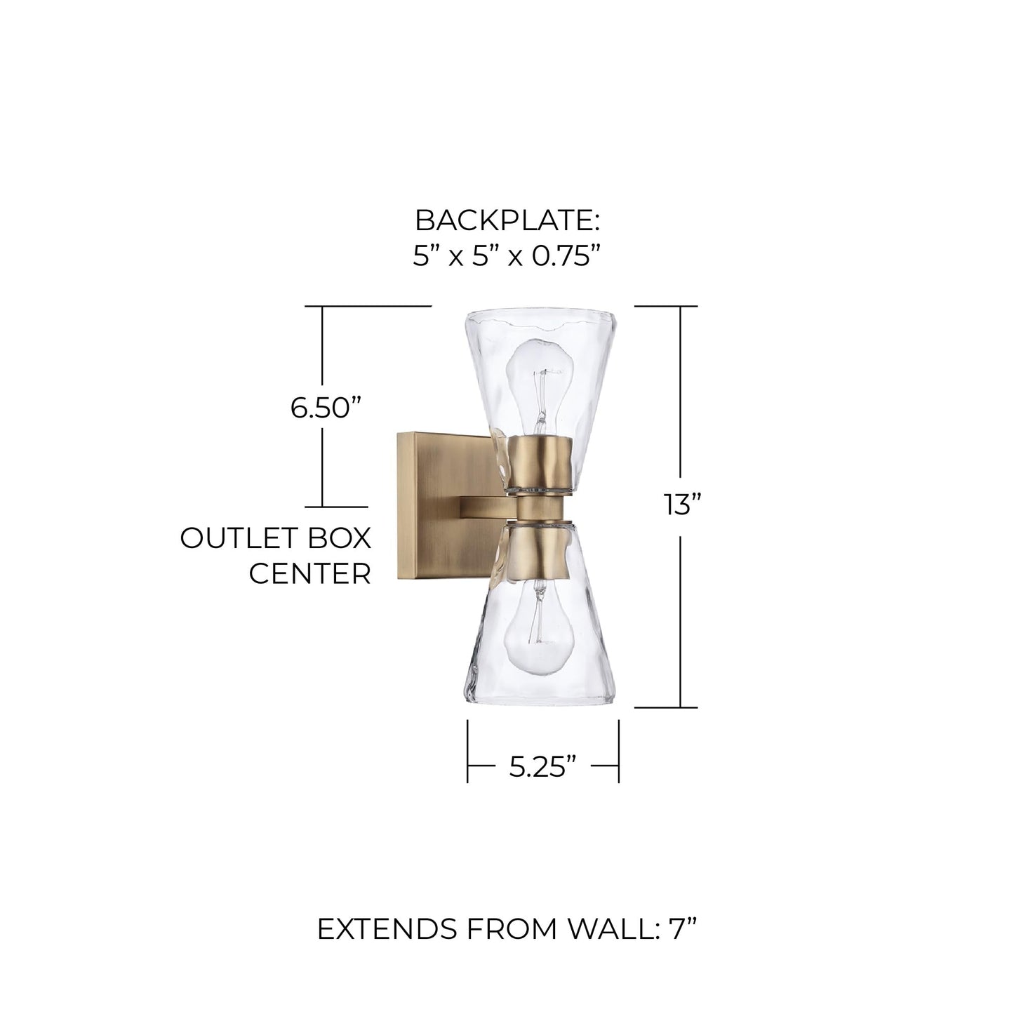 Capital Lighting 627522AD-456 Lyra Clear Water Glass Wall Sconce, 2-Light 120 Total Watts, 13" H x 5" W, Aged Brass