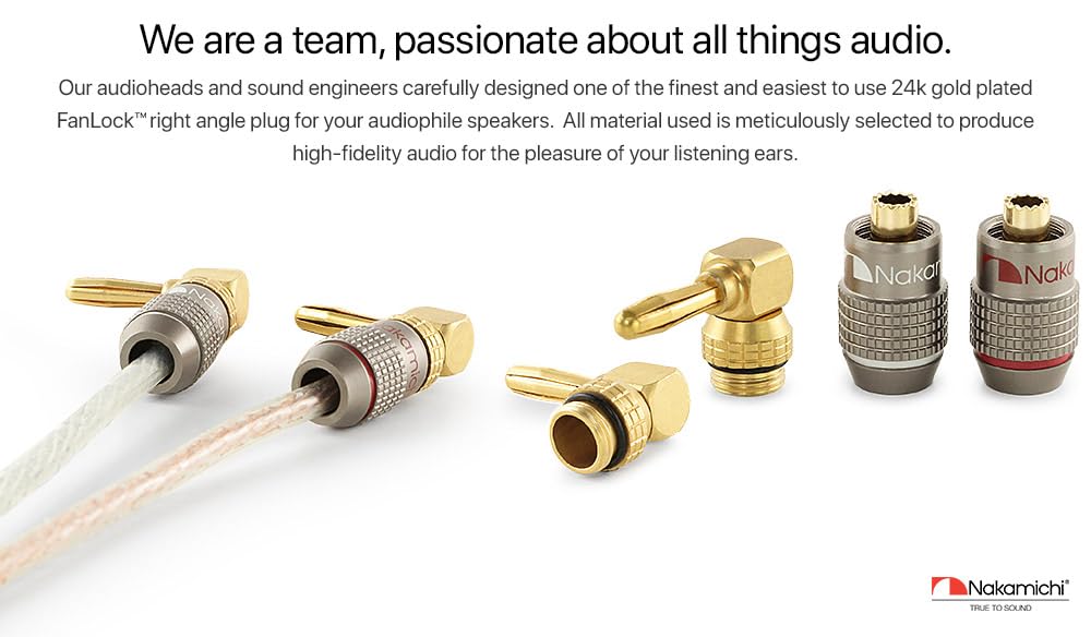 Nakamichi FanLock Excel Series 24k Gold Plated Right-Angle 90 Degree Banana Plug 10 AWG - 18 AWG Gauge Size 4mm for Speakers Amplifier Hi-Fi Home