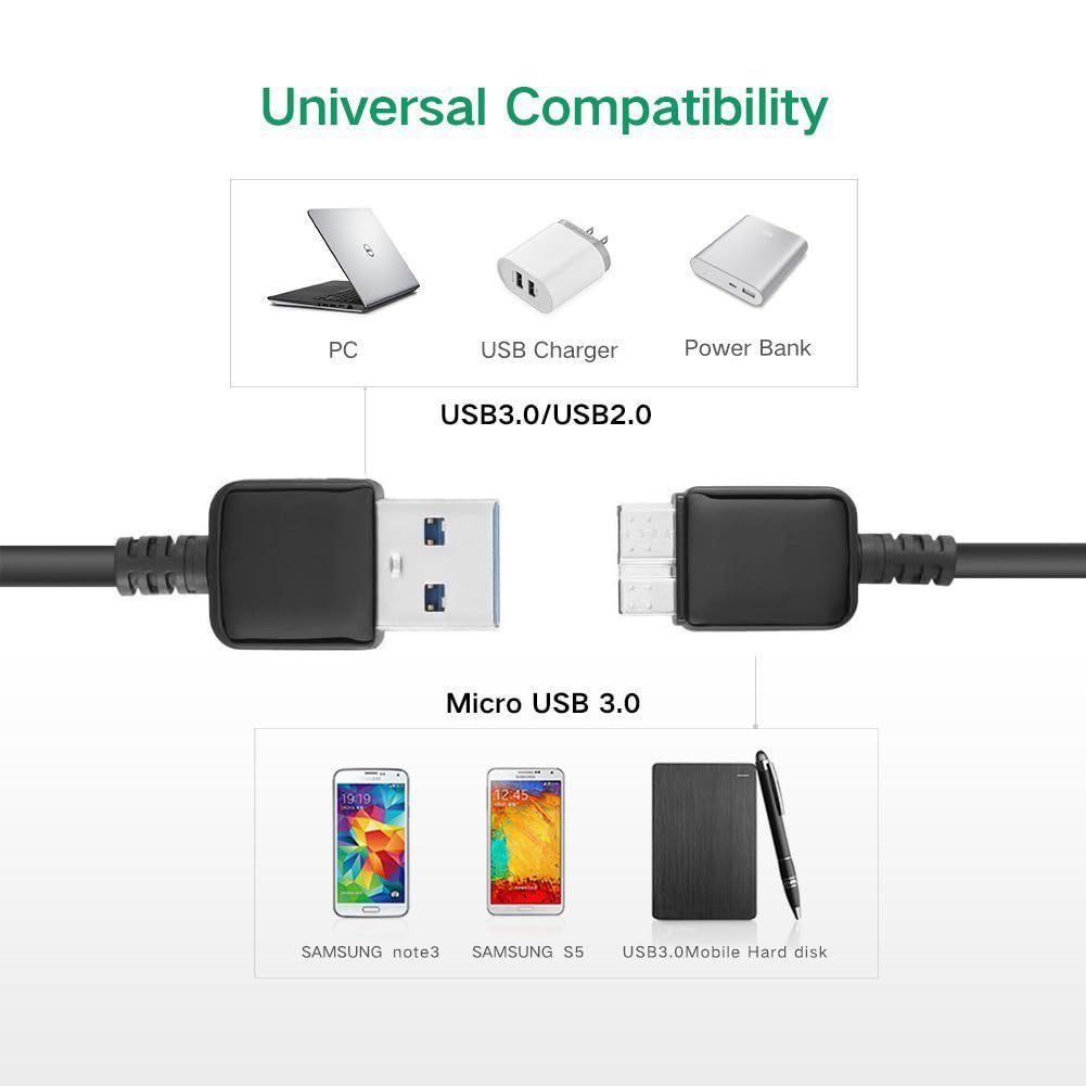 Yxflz USB 3.0 Cable - External Hard Drive Cord USB 3.0 A to Micro B Cable Compatible with Western Digital WD My Passport, Seagate, Toshiba Canvio