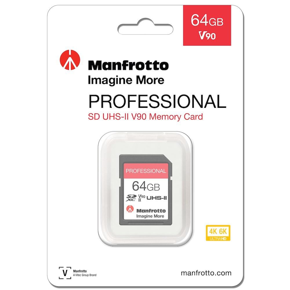 Manfrotto 64GB SD Professional Memory Card, UHS-II, V90, U3 280 MB/s Read, 250MB/s Write, Memory Card for Digital Reflex Cameras and Video Cameras