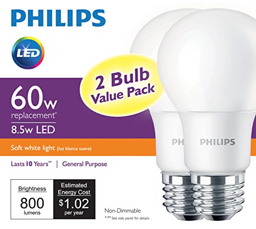 Philips LED Non-Dimmable A19 Frosted Light Bulb: 800-Lumen, 2700-Kelvin, 8.5-Watt (60-Watt Equivalent), E26 Base, Soft White, 2-Pack