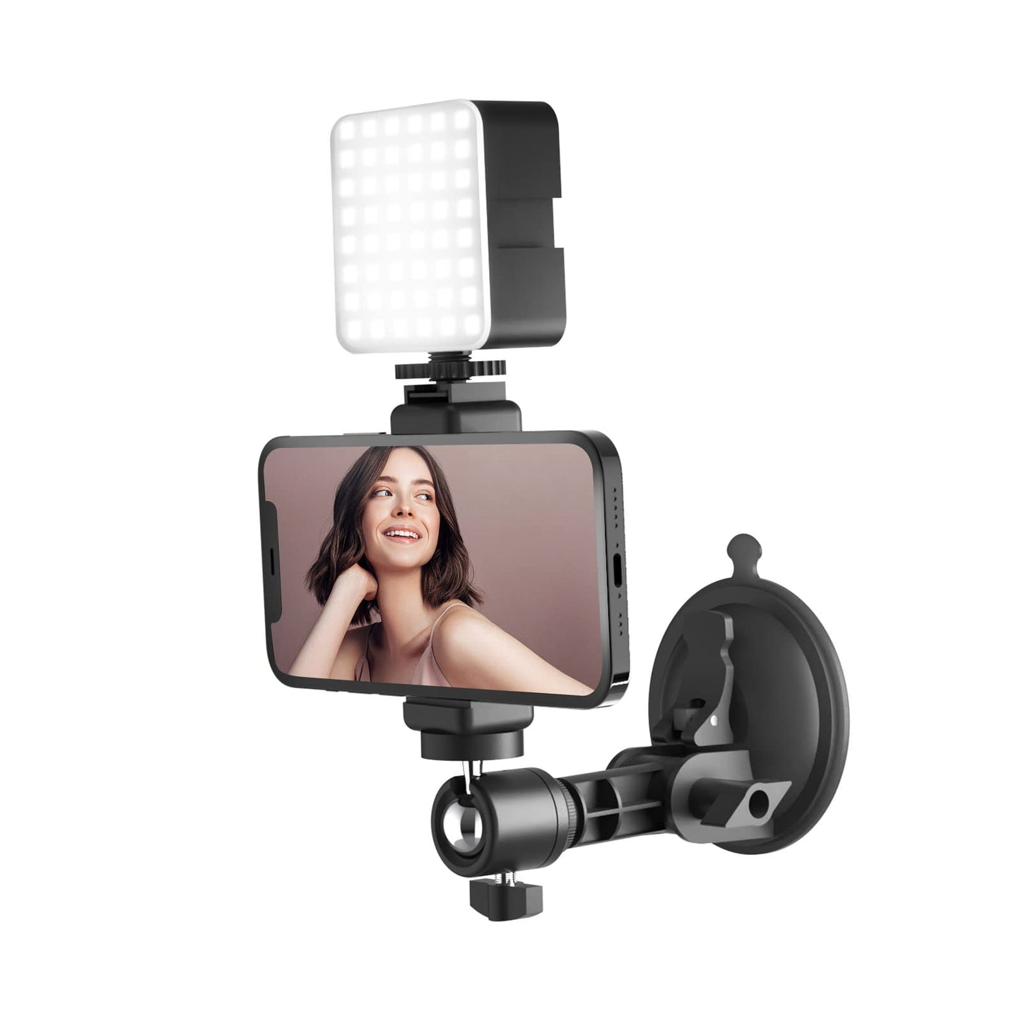 LenTok Mirror Suction Cup Phone Holder with Light for Content Creator Essentials, Travel Wall Phone Camera Mount for Makeup, Mirror Tripod