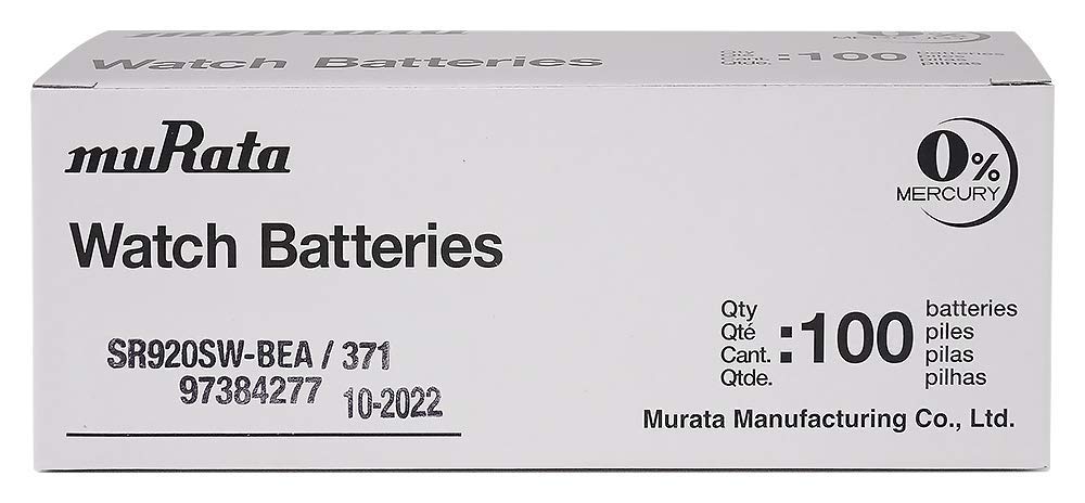 Murata 371 Battery SR920SW 1.55V Silver Oxide Watch Button Cell (100 Batteries)